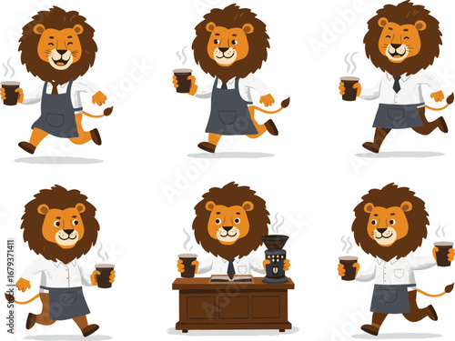 Lion barista cartoon vector set, coffee shop theme, espresso brewing, cute animal character, café counter scene, latte art illustration