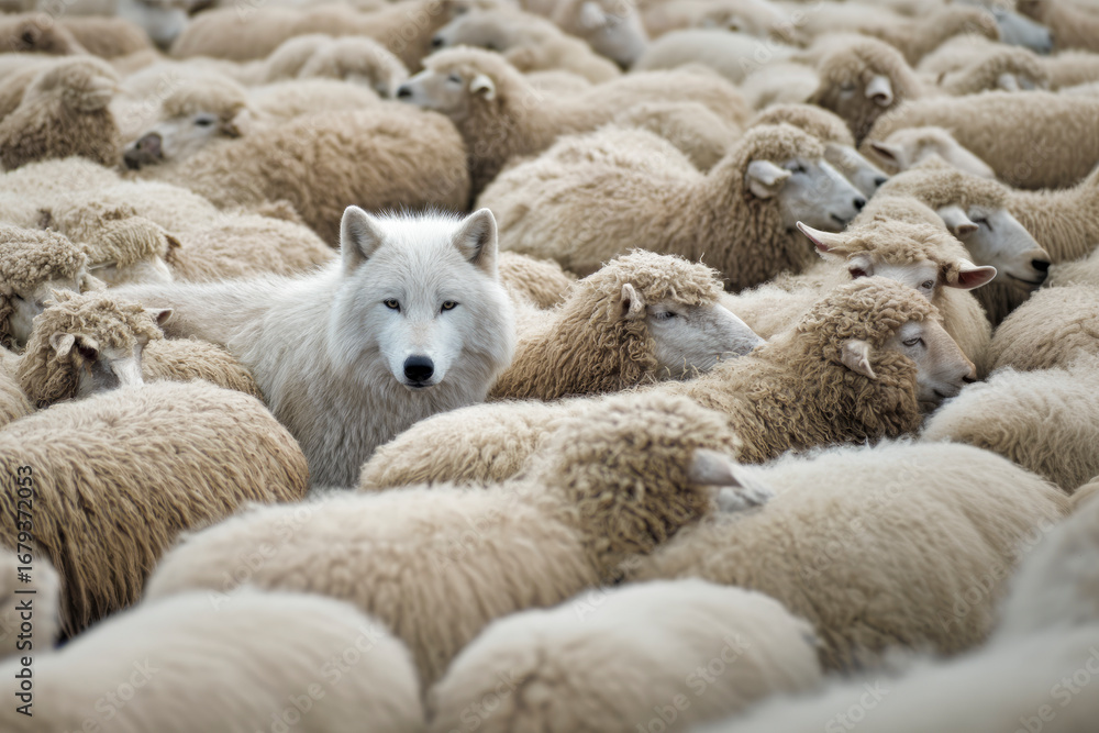 Fototapeta premium White wolf hiding among sheep in a large flock