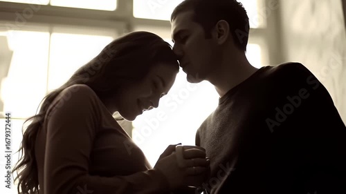 Silhouetted Couple By Window Man Kissing Woman Forehead With Mug In Hand Expressing Love And Intimacy Warm Light