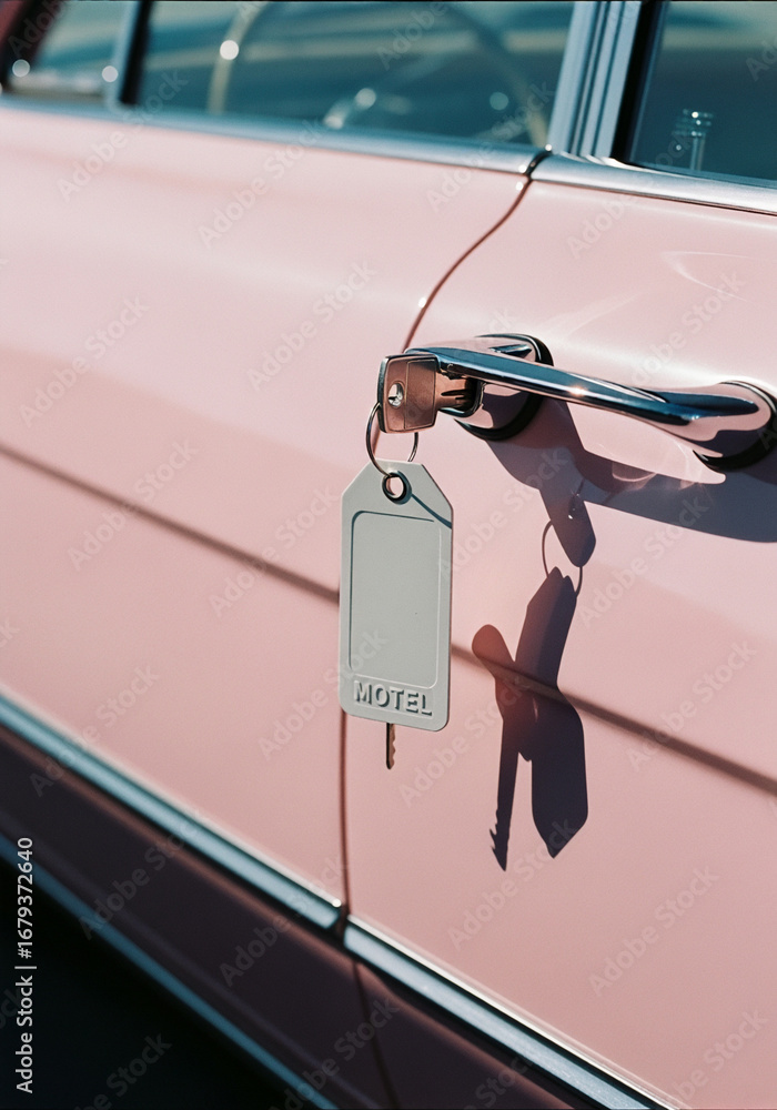 Naklejka premium Motel Key Hanging on Pink Vintage Car Door Handle