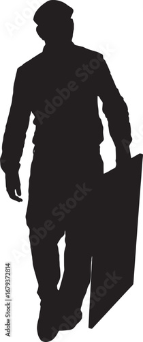 vector,silhouette of rear view of a man walking and carrying a blank frame