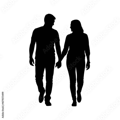 Couple walking hand in hand silhouette isolated on white background