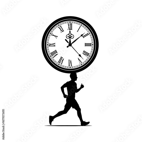 Man running with clock on head silhouette isolated on white background