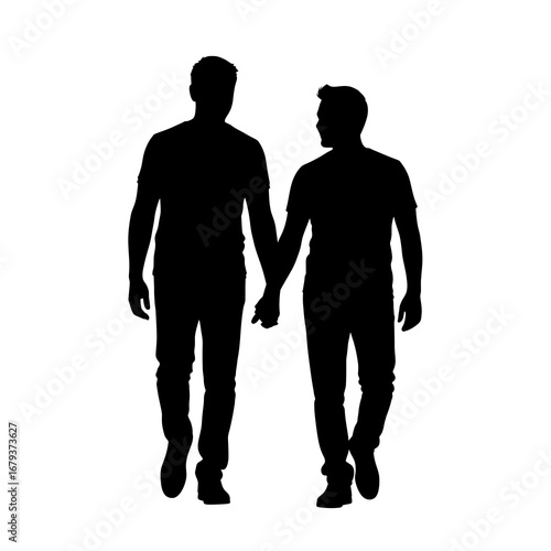 Two men holding hands walking silhouette isolated on white background