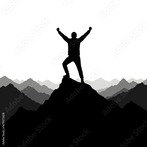 Man celebrating on mountain peak silhouette isolated on white background