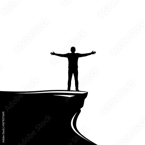 Man standing on cliff edge arms outstretched silhouette isolated on white background