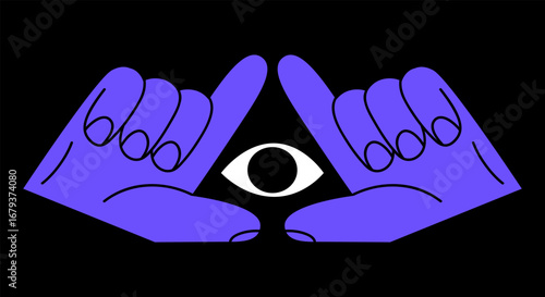 Hand drawn cute illustration of eye looking through hand in triangle shape. Flat vector illuminati or masonic sticker doodle. All seeing eye icon. Eye of providence. Isolated.