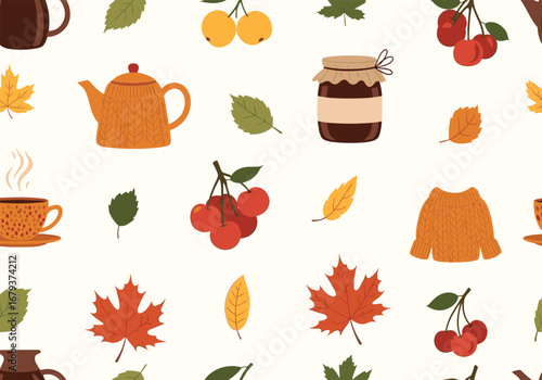 Cozy autumn warm drinks and fall harvest fruit delights