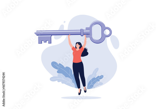 Woman lifting giant key symbolizing success achievement and opportunity