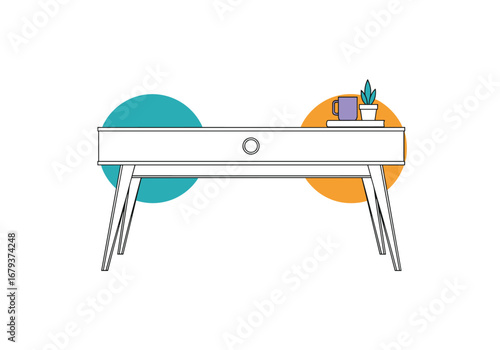 Modern desk with colorful accents and plant decor for home office or study space