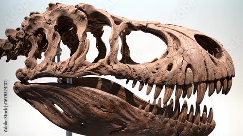 Tyrannosaurus Rex Skull Fossil Detailed Profile with Sharp Teeth on Display in a Museum Against Light Background