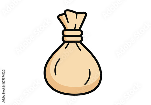 A simple drawing of a light brown fabric pouch tied at the top with a knot