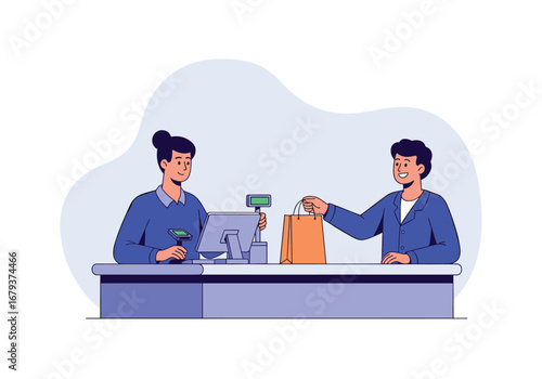 Customer paying for groceries at the checkout counter assisted by a store employee