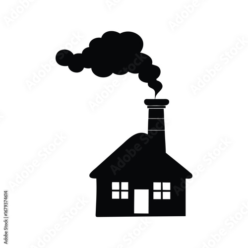 Silhouette of house with smoking chimney, depicting pollution or climate change, chimney with smoke coming out silhouette vector illustration
