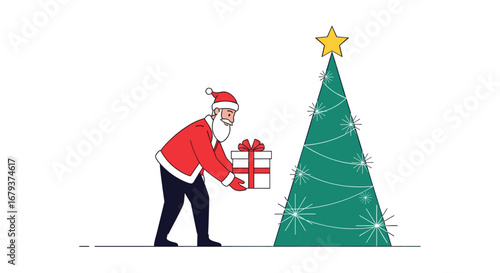 Santa claus decorates christmas tree with gift and star