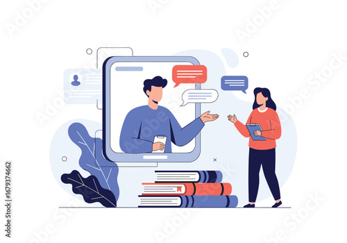 Online learning education students communicate with teachers through virtual classes discussing important topics