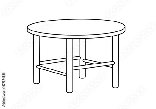 Simple round wooden coffee table with four legs and cross support