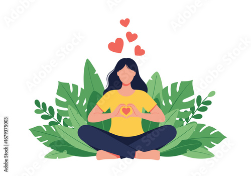 Person practicing mindfulness and self love surrounded by lush green foliage
