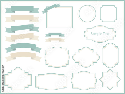 ナチュラルで可愛いスモーキーグリーンとベージュのリボンとクラシックフレームのイラストセット