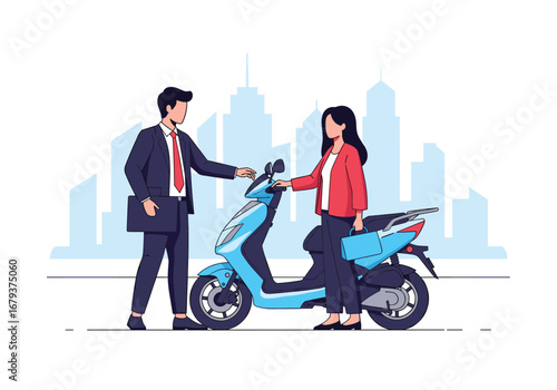 Business professionals making a deal for a modern blue scooter in an urban setting
