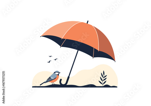 A small bird finds shelter under an umbrella on a pleasant day