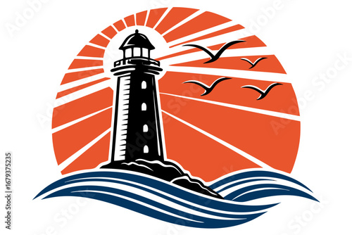 Coastal Beacon A Lighthouse Guiding Ships Safely Through the Waves Under a Bright Sun with Flying Birds