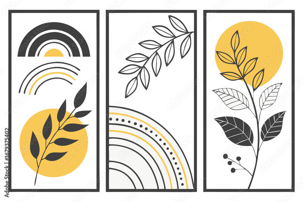 Fototapeta premium Abstract botanical triptych collection with minimalist leaf illustrations and geometric sun shapes for modern Scandinavian style interior wall decor