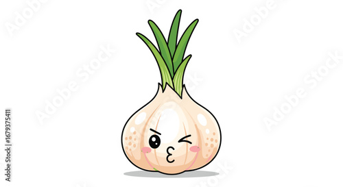 Cute winking garlic character with green sprouts on white background