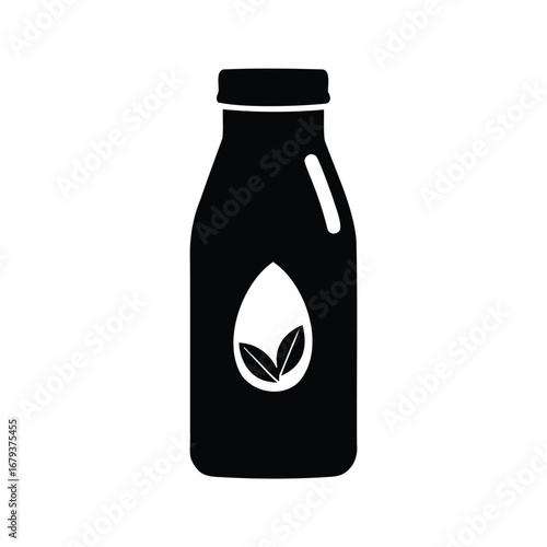 Bottle of vegan milk alternative with leaves, pure and simple design, almond milk bottle silhouette vector illustration