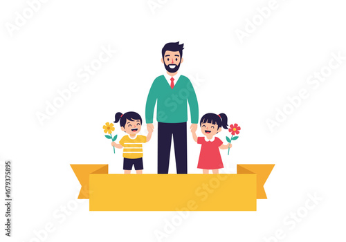 Happy father's day celebration with beloved children holding flowers