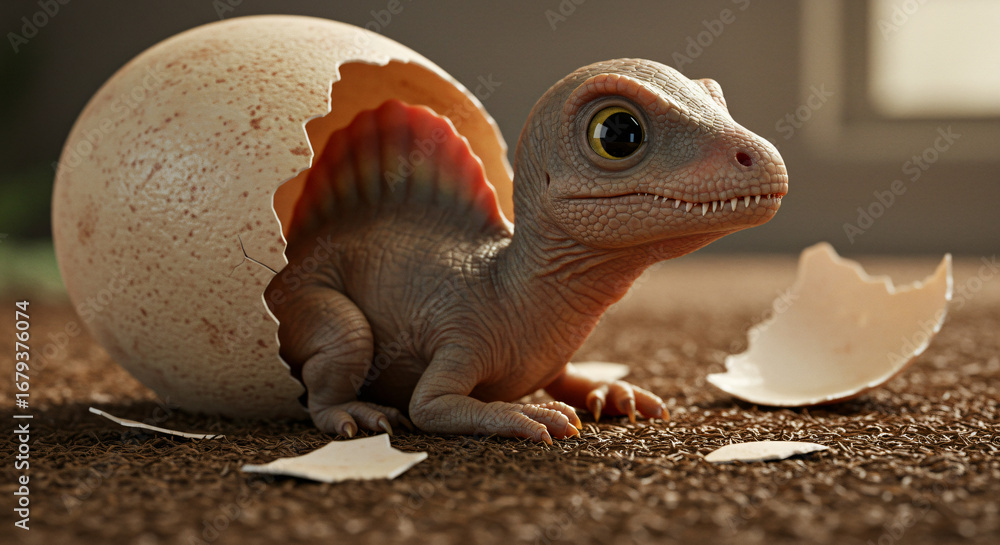 Obraz premium Adorable Baby Dinosaur Hatching from Egg - 3D Render