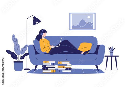 A person studies with headphones on the sofa using a laptop and books