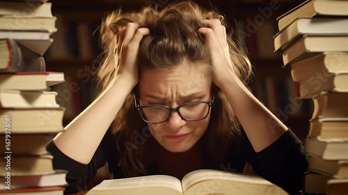 Stressed Young Woman with Disheveled Brown Hair Reads an Open Book Surrounded by Stacks of Books in Warm Light