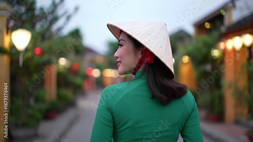 Smiling Asian Woman in Traditional Dress and Hat Walking Down Village Street at Dusk in Vietnam