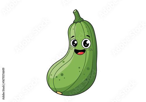 Happy green zucchini character cartoon smiling with big eyes