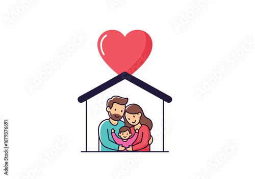 Happy family protected under heart shaped roof of home