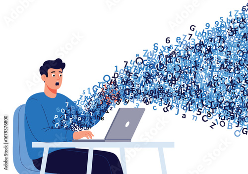 Programmer overwhelmed by vast amount of code and data flowing from laptop screen