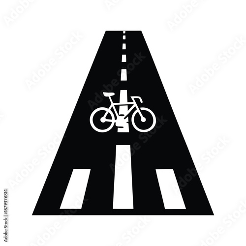 Monochrome image of a bike lane symbol on a stylized road, bike lane marking silhouette vector illustration