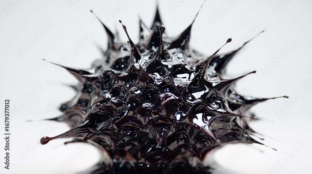 Fototapeta premium Dynamic Black Ferrofluid Crown with Fractal Spikes in Zero-G, Electromagnetic Field Oil-Slick Sheen