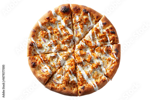 Close up of a savory chicken ranch pizza, ready to eat.