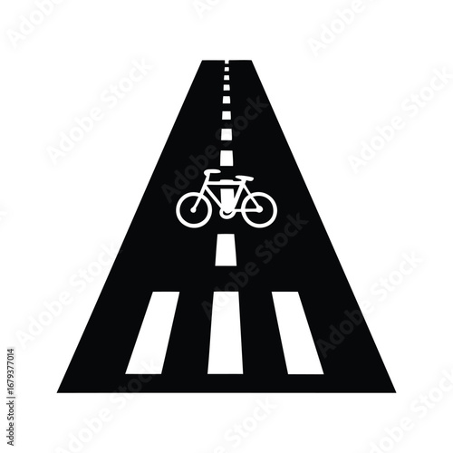 Isolated bicycle lane icon with road markings on the black background, bike lane marking silhouette vector illustration