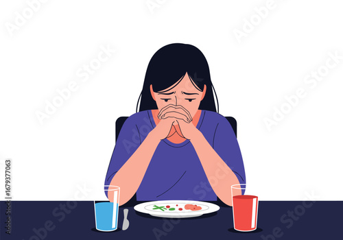 Woman feeling distress while sitting at a table with food and drinks