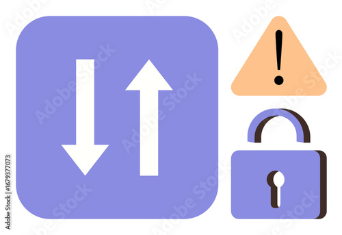 Two arrows indicating data transfer, a lock representing security, and a warning triangle. Ideal for cybersecurity, data protection, IT processes, risk management, privacy policies, cautionary