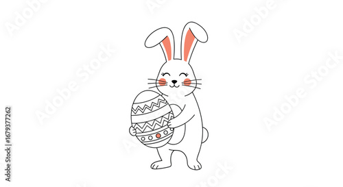 Cute illustrated easter bunny holding a decorated egg on a white background