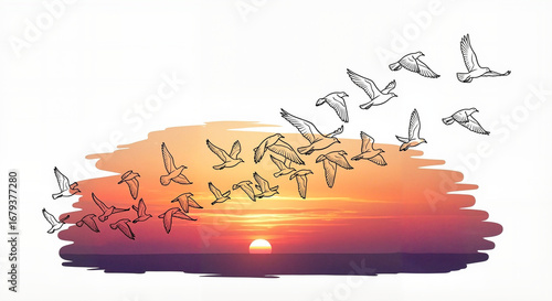 Flock of birds over sunset in mixed illustration and photo style