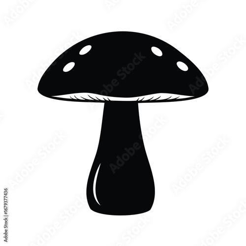 Black and white illustration of a toadstool mushroom with white spots, boletus mushroom silhouette vector illustration