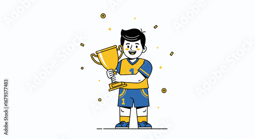 Victorious Youth Smiling Proudly, Holding a Shiny Golden Trophy Celebrating Success Achieved