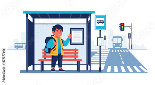 Waiting Child: Illustration Depicting School Bus Stop Scene with Anticipation and Greeting