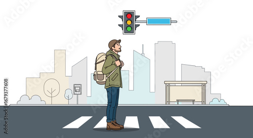 Waiting At A Crosswalk Silhouette Of A Traveler Near A Traffic Light In A Cityscape Scene