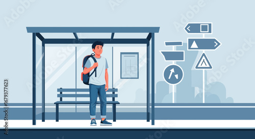 Waiting Under The Bus Stop Shelter, A Person Waiting For Transport In The City